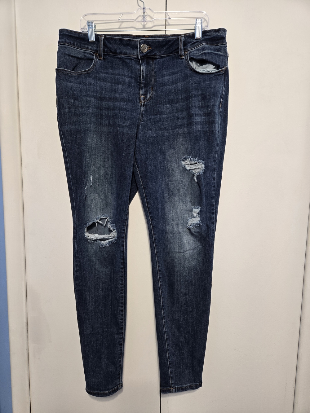 Maurices XL Long Distressed Skinny Jeans Mid Rise Stretch Dark Wash